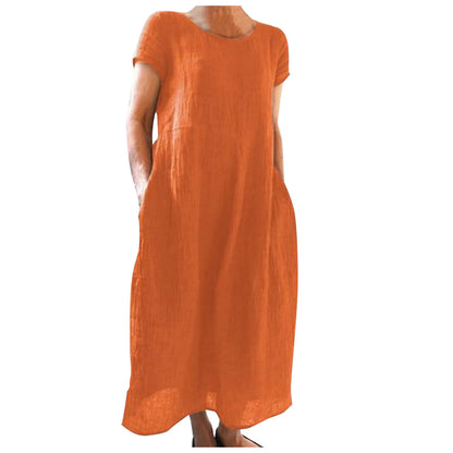 Spring Summer Woman Long Dress Office Lady Fshion Casual Loose Solid O-neck Short Sleeve Dresses For Women 2024 Female Robe