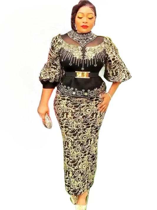 2025 African Party Evening Wedding Dresses for Women Spring African Half Sleeve Diamond Polyester Long Maxi Dresses Outfits