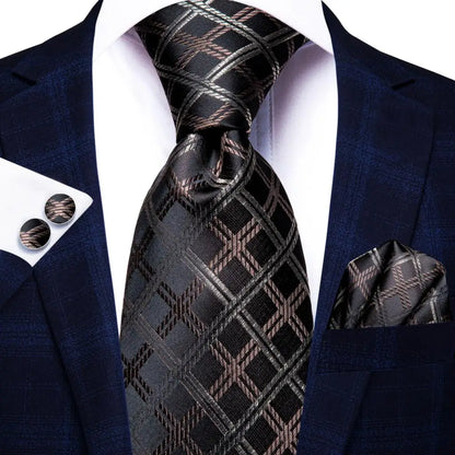 Hi-Tie Paisley Brown Tie For Men Elegant Mens Necktie Pocket Square Cufflink Groom Wedding Accessory Wholesale New Designer