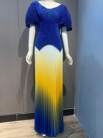 ANLAN Pleated 2 Pieces Set Women Fashion V Neck Short Batwing Sleeves Irregular Hem T-shirt&New Gradient A-line Folds Long Skirt