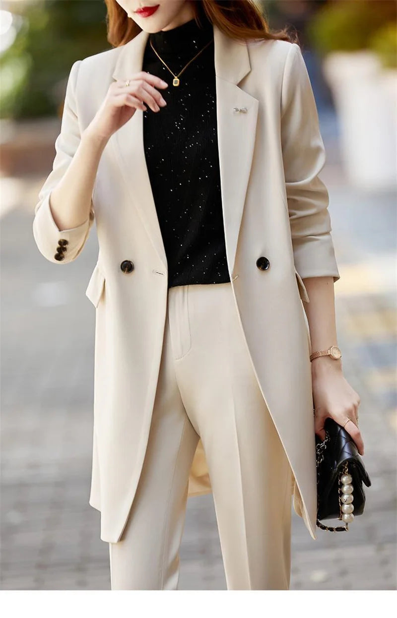 2025 New Blazer Jacket Autumn Winter Casual Long Sleeve Female Suit Coat Mid Long Double Breasted Women Work Wear Jacket