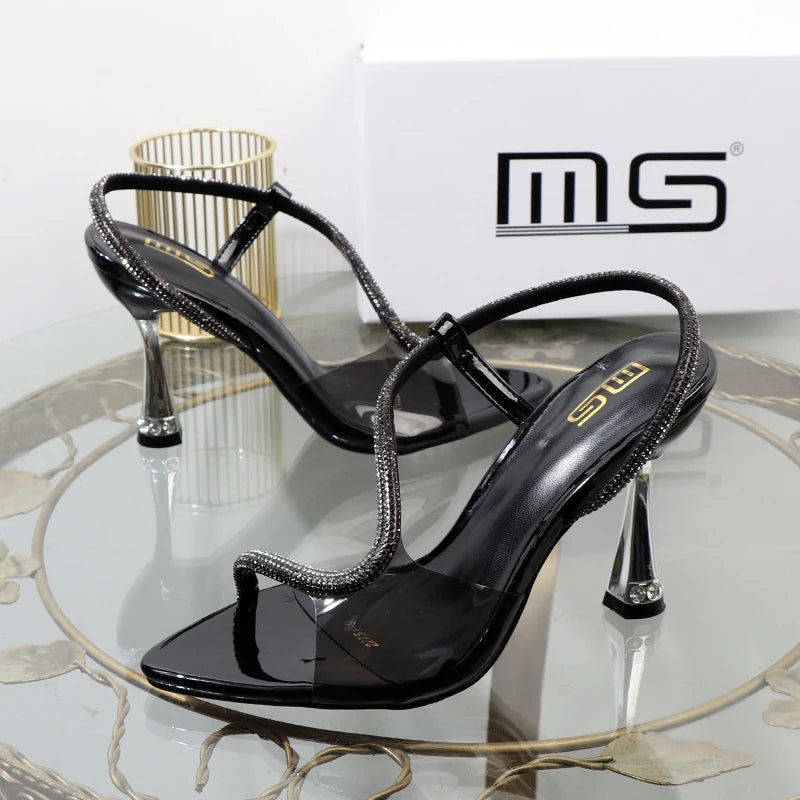 elegant woman heeled shoes sandals in autumn 2023 pointed rhinestones with stiletto heels transparent belts to wear women shoes