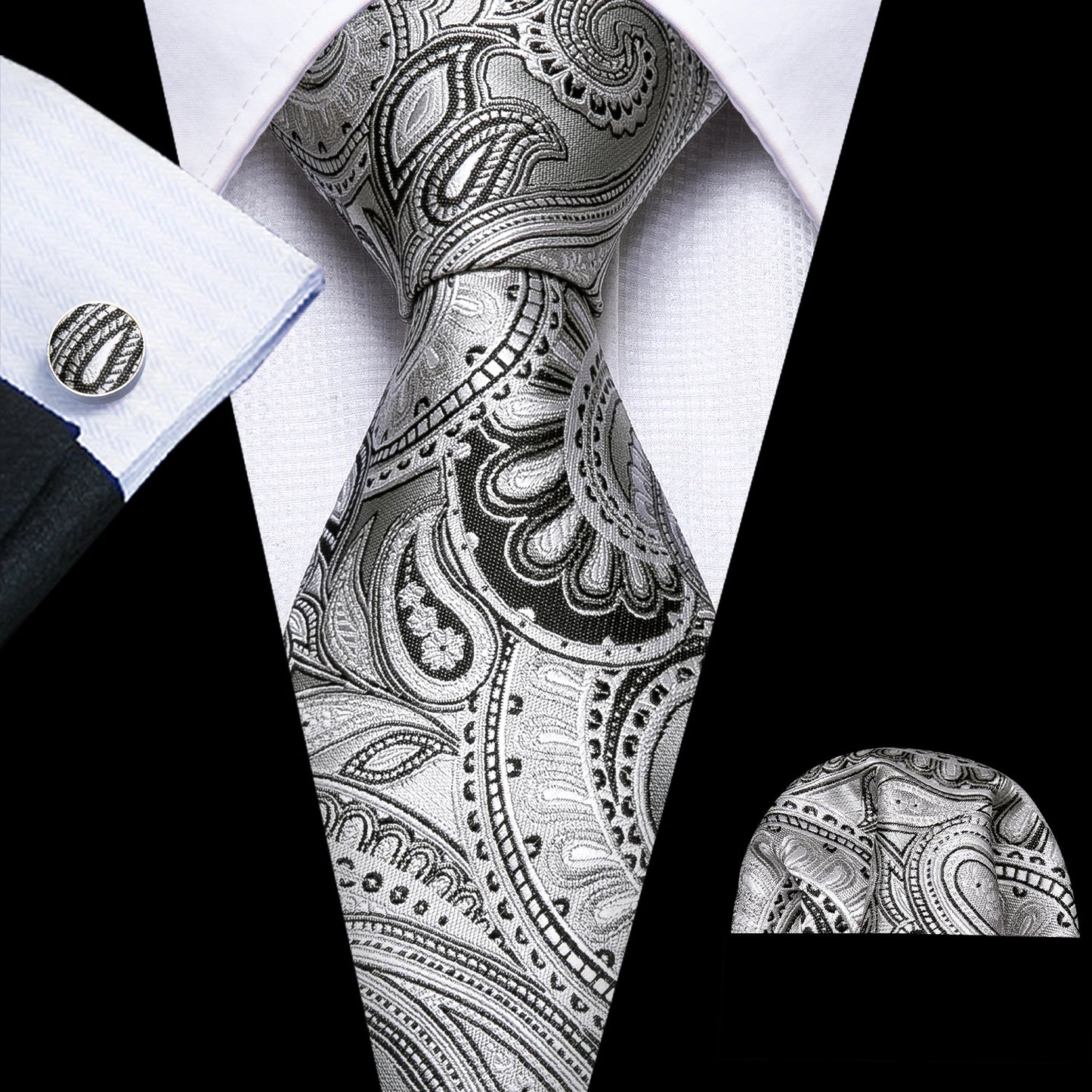 Barry.Wang Black White Gray Silver Silk Men Tie Handkerchief Cufflinks Set Jacquard Necktie for Male Wedding Business Party Gift