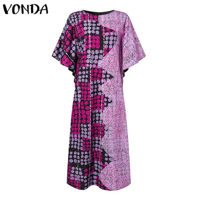 VONDA Women Summer Maxi Dress 2025 Vintage 3/4 Sleeve Printing Sundress Beach Robe Bohemian Bat-wing Sleeve Vestidos Polyester