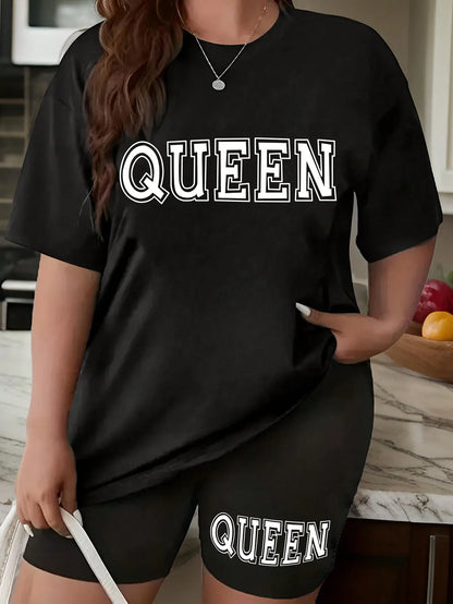Plus size fashionable all-match shorts short-sleeved suit queen letter print simple and comfortable two-piece suit 2024 New