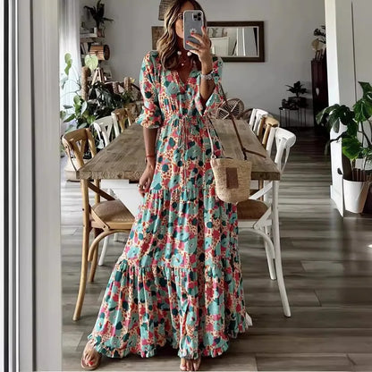 Elegant Women's Flower Long Dresses 2024 Spring New Bohemian Printed  Dress Abıye Kadın Abiye  Платье Robe Ete Femme Vestidos