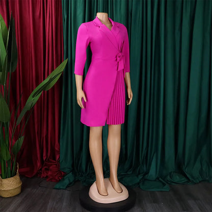 FairyShely 2025 Summer Solid Plus Size Folds Dress Women Long Sleeve Large Big Dresses Lady Belt Party Tight Curvy Short Dress