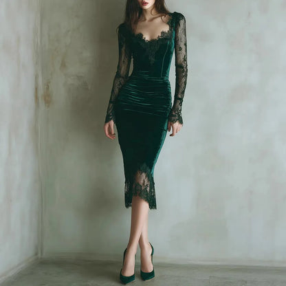Women’s Velvet Ruched Bodycon Midi Dress with Square Neck and Sheer Mesh Long Sleeve Slim Fit Elegant Party Dress