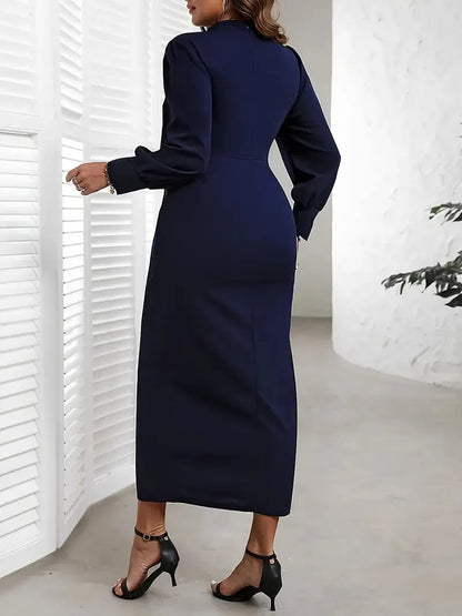 Plus Size Autumn Long Split Dress Women Ruffle Pleated Fashion Slim High Waist Bodycon Ladies Dresses Long Sleeve Woman Dress