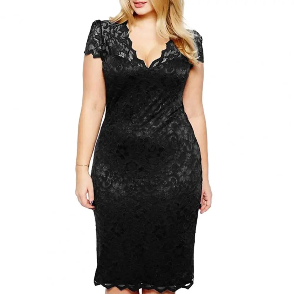 Summer Women See-through Lace Patchwork Mini Dress V-Neck Short Sleeve Slim Fit Plus Size Party Dress Female Clothing