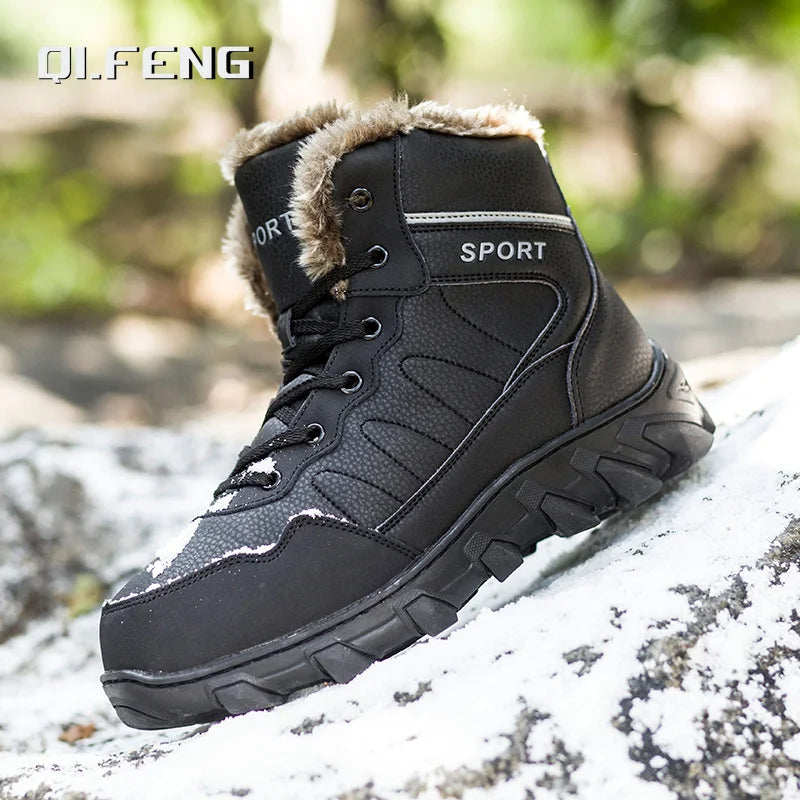 Men's Winter Snow Boots Leather Fabric Thickened Plush Shoes Extra Large Outdoor Mountaineering Anti Slip Training Shoes 39-48