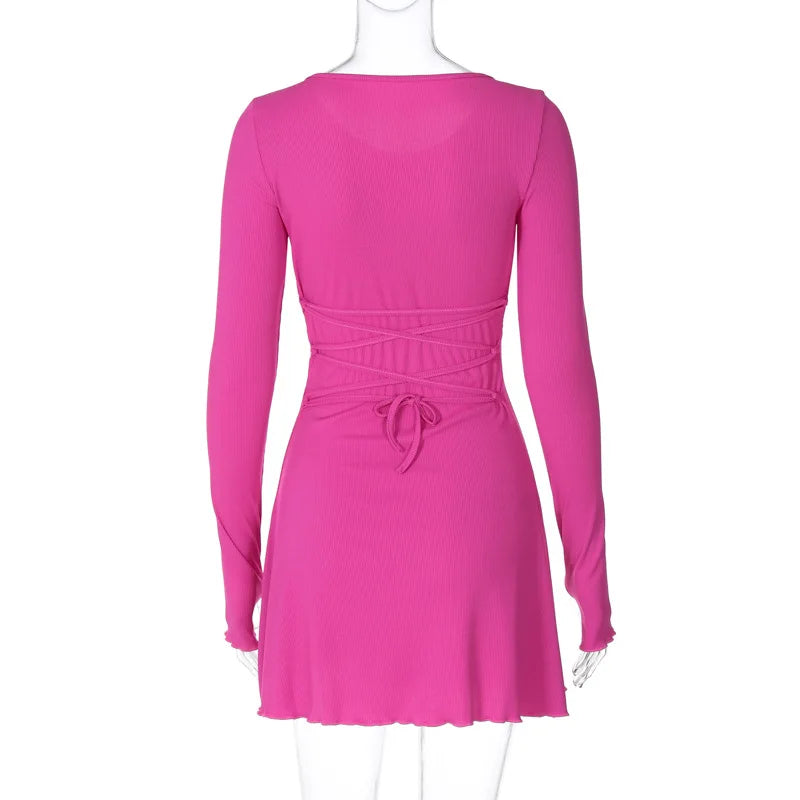 Spring Elegant Pretty Women Dresses New Black Sexy Short Dress Female V Neck Long Sleeve Slim Solid Color Mini Dress