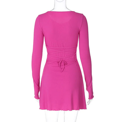 Spring Elegant Pretty Women Dresses New Black Sexy Short Dress Female V Neck Long Sleeve Slim Solid Color Mini Dress