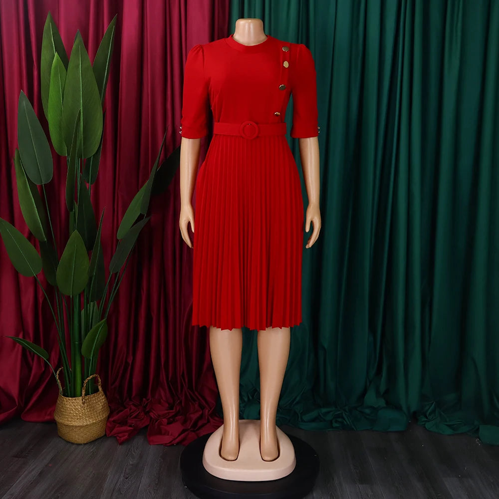 Elegant Office Pleated Dresses for Woman 2024 O Neck Buttons Belt Waisted Mid Calf Fashion Female Business Work Wear Dress Midi
