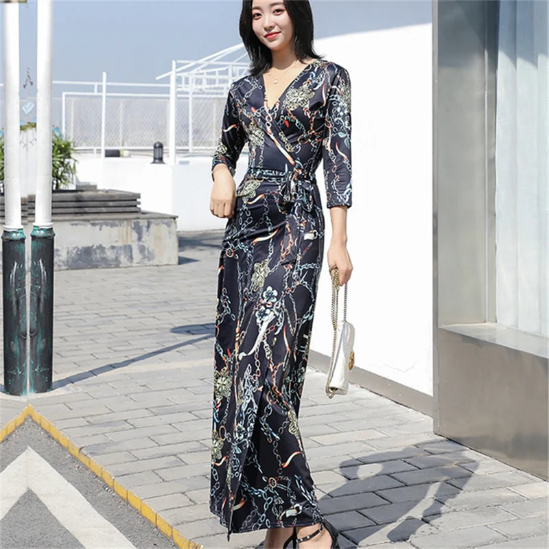 FANIECES Summer Wrap Dresses Women Sexy V Neck Split Maxi Dress Print Female Casual Beachwear Lace Up Party Vestidos Robe платье