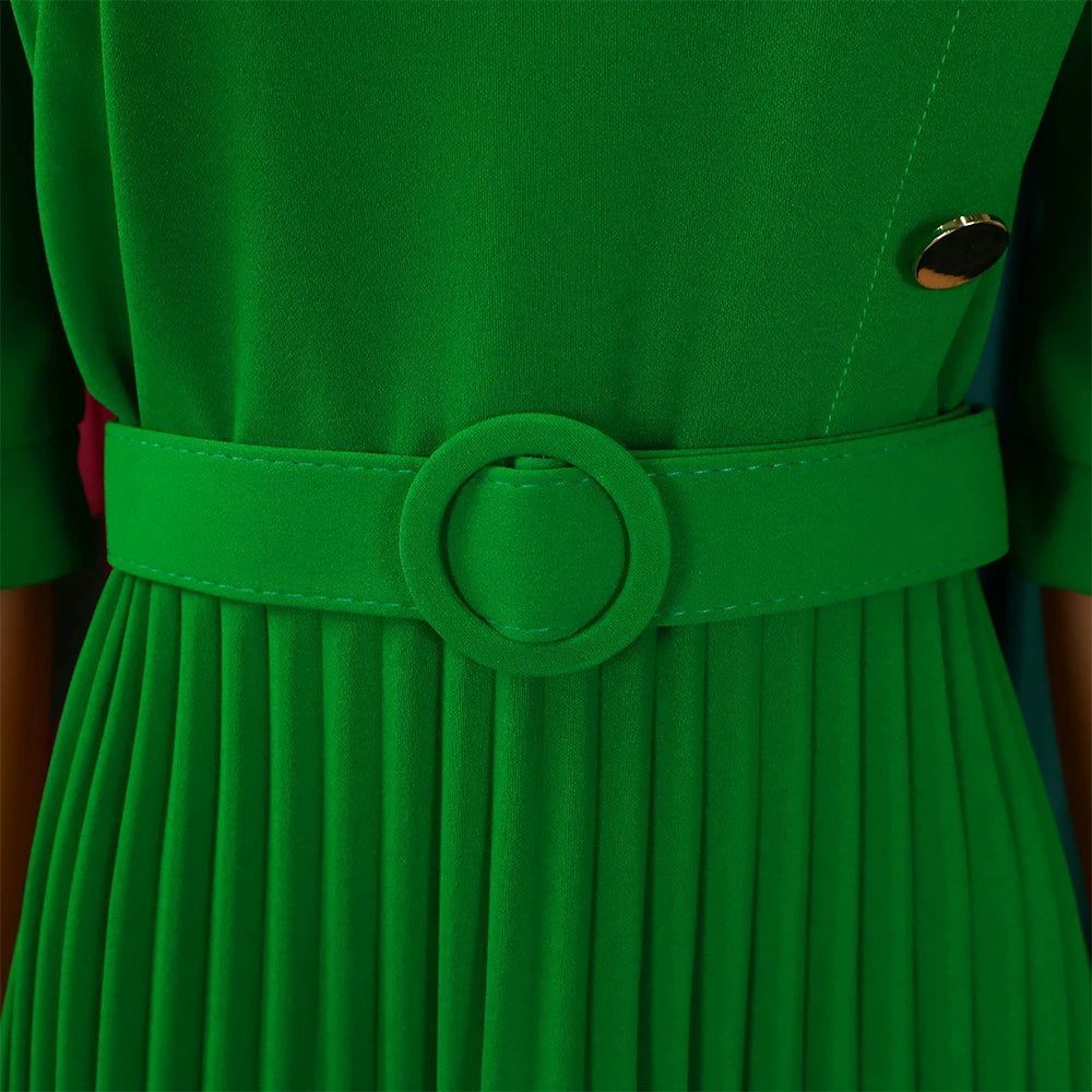 Elegant Office Pleated Dresses for Woman 2024 O Neck Buttons Belt Waisted Mid Calf Fashion Female Business Work Wear Dress Midi