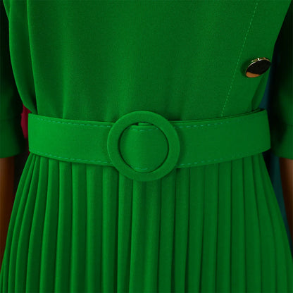 Elegant Office Pleated Dresses for Woman 2024 O Neck Buttons Belt Waisted Mid Calf Fashion Female Business Work Wear Dress Midi