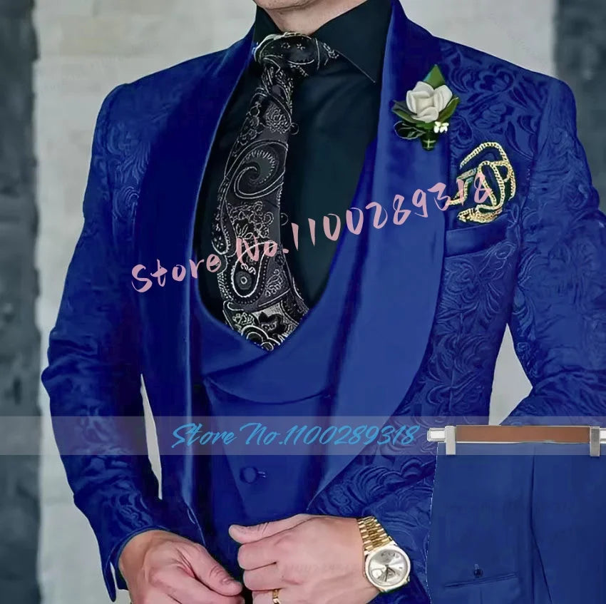 Jacquard Men's 3-piece Suit Set Formal Party Dress Groom Tuxedo High Quality Elegant Men Terno Masculino  Costume Homme Mariage