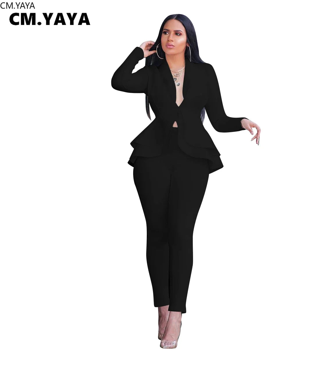 Women Winter Women's Set Full Sleeve Ruffles Blazer & Pencil Pants Suit (2pc Set)