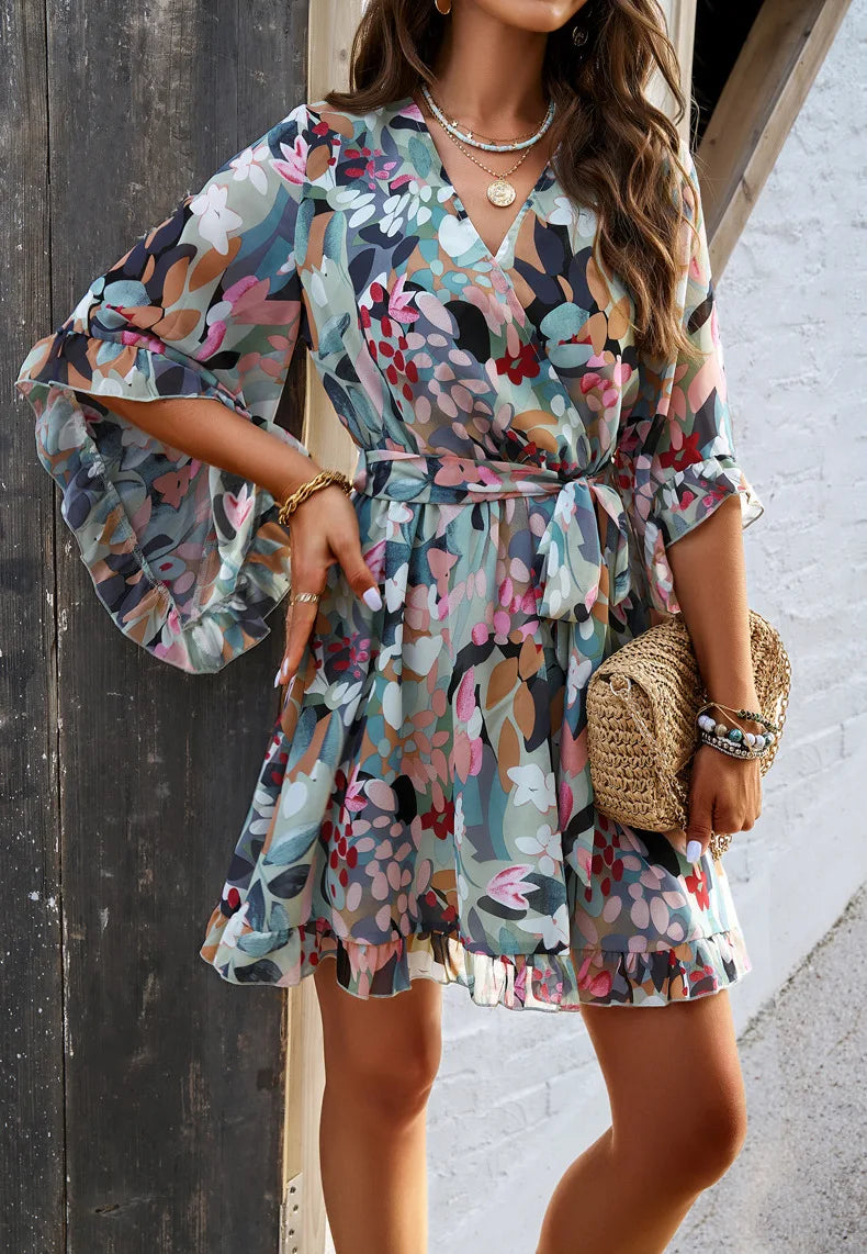 Spring Summer New Women Dress Fashion Elegant Printed Strappy Lace-Up V-neck Fairy Skirt Female Girls Gathering Party Date Dress