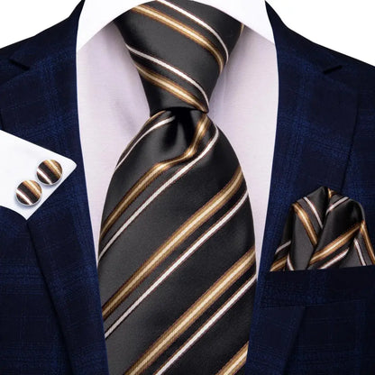 Hi-Tie Psialey Black Gold Silk Elegant Tie For Men Groom Wedding Men Necktie Pocket Square Cufflink Accessory Wholesale Designer