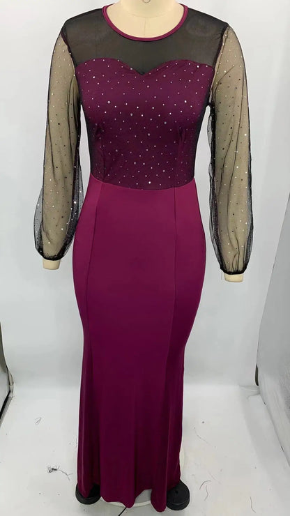 Mesh Patchwork Dress Womens Fashion Round Neck Long Sleeve Slim Elegant Dress Women