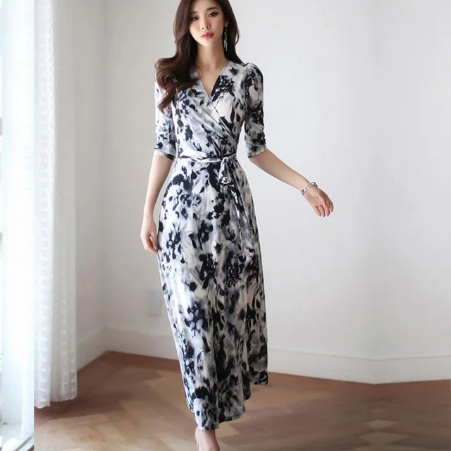 FANIECES Summer Wrap Dresses Women Sexy V Neck Split Maxi Dress Print Female Casual Beachwear Lace Up Party Vestidos Robe платье