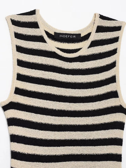Spring Summer Women Casual Dress Striped Print Dress Round Neck Sleeveless Elastic Office Ladies Dresses Female Long Robe