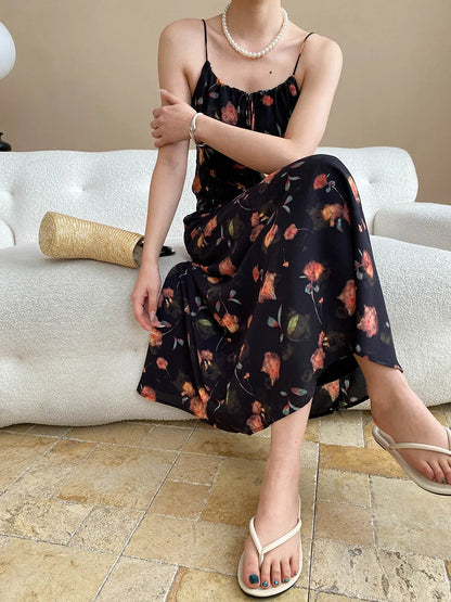 Spring and summer women's casual flower print slim fit suspender dress
