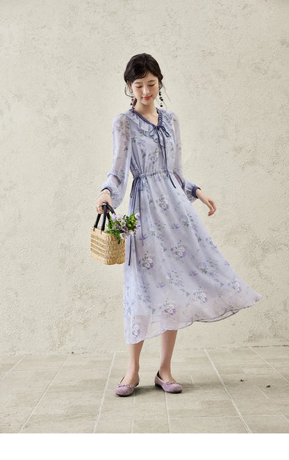 MISHOW Print Spring Summer Dress for Women New 2025 Ruffled V-neck Long Sleeve Blue French Dresses Female Fashion MXE15L2139