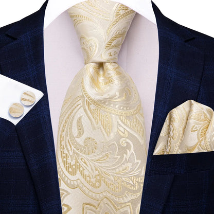 Hi-Tie Champagne Gold-color Silk Mens Elegant Ties Fashion Mens Necktie Pocket Square Cufflinks Set Business Party Wedding