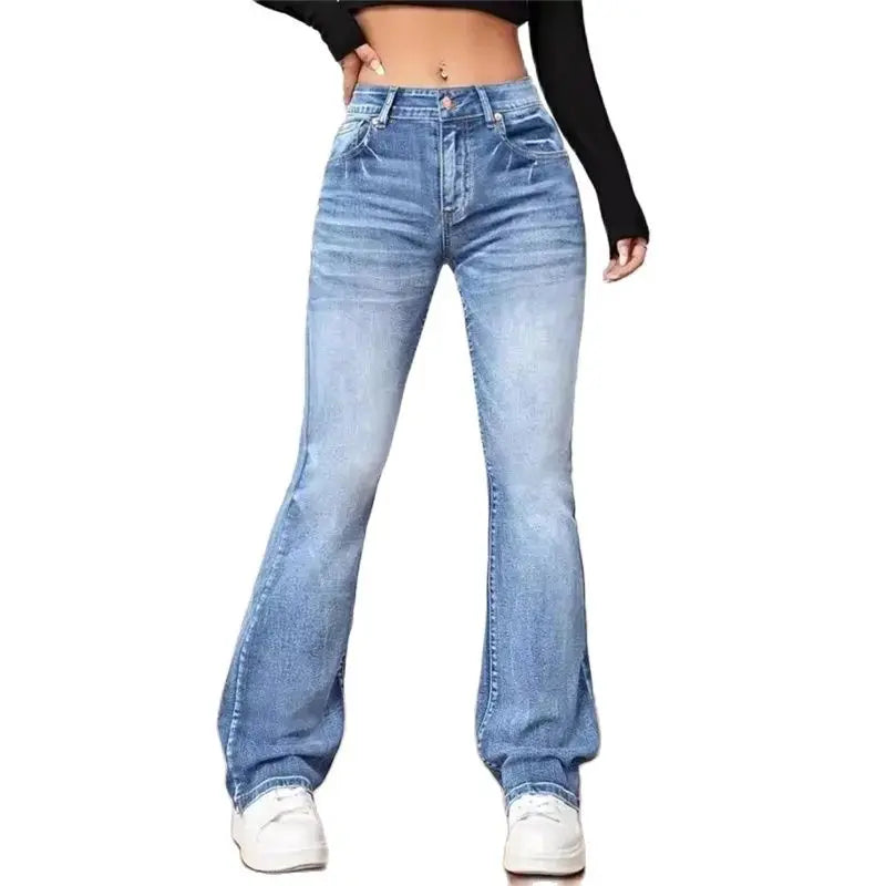 Women New Casual Micro Flares Jeans Vintage Mid Waist Button Splice Denim Pants Female Office Commuter Trousers Trend Streetwear