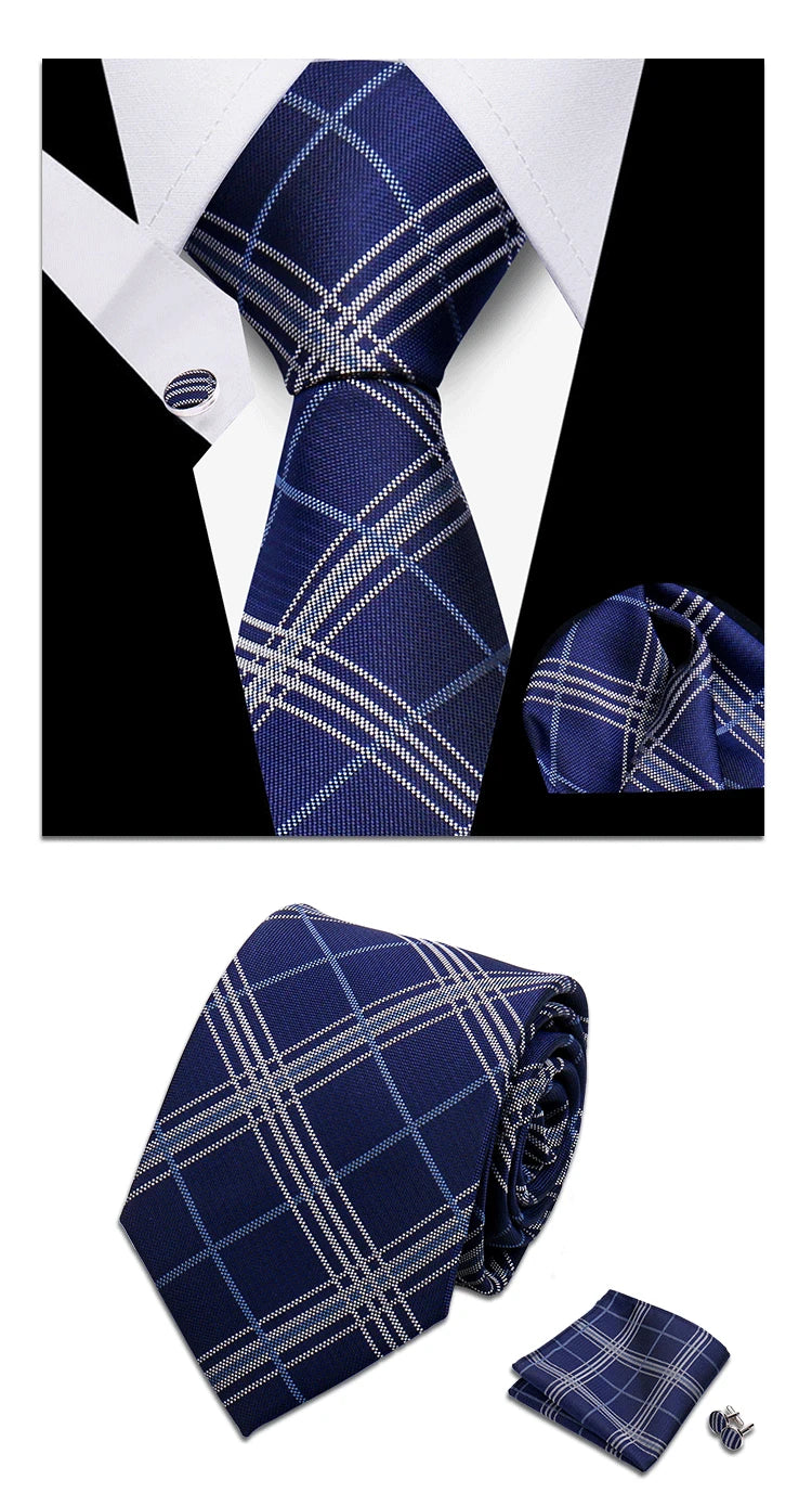 Classic Elegant Ties For Men Fashion Gifts Striped Solid Necktie Handchief Cufflink 3 Pcs Set Wedding Business Suit Accessories