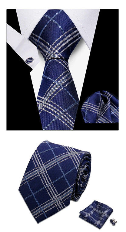 Classic Elegant Ties For Men Fashion Gifts Striped Solid Necktie Handchief Cufflink 3 Pcs Set Wedding Business Suit Accessories