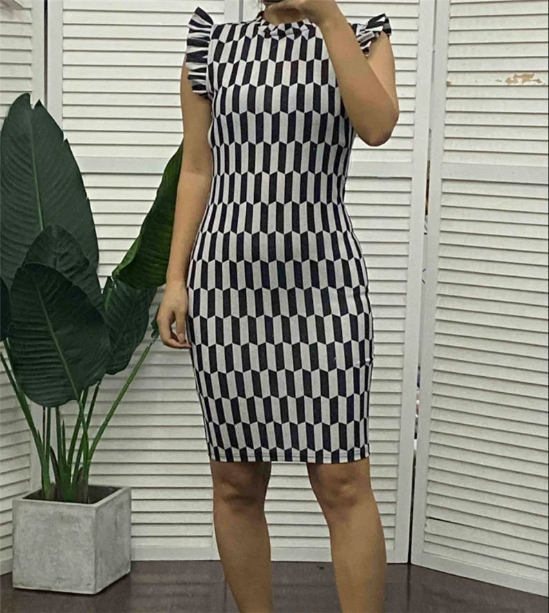Elegant Women's Dresses Summer Fashion All Over Print Flutter Sleeve Casual O-Neck Skinny Midi Work Pencil Dress