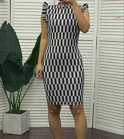 Elegant Women's Dresses Summer Fashion All Over Print Flutter Sleeve Casual O-Neck Skinny Midi Work Pencil Dress