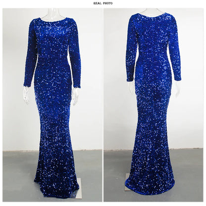 Romagic Elegant Women Modest Stretch Sequin Royal Blue Wedding Prom Gown Long Sleeves Mermaid Formal Evening Party Dress 2025