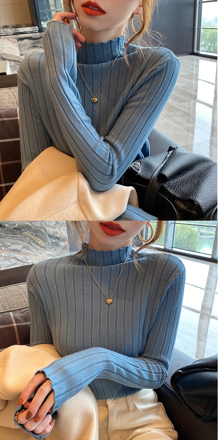 Autumn Winter Knitted Ribbed Turtleneck Sweater Women Clothes 2025 Long Sleeve Slim Basic Pullover Woman Sweaters Solid Tops