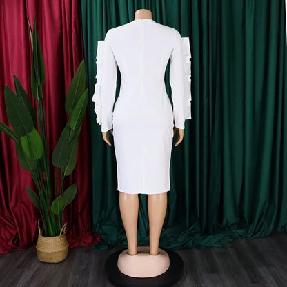 Elegant Office Dresses for Woman 2024 New O Neck Petal Sleeve Sheath Package Hips Mid Calf Formal Business Work Wear Dress Midi