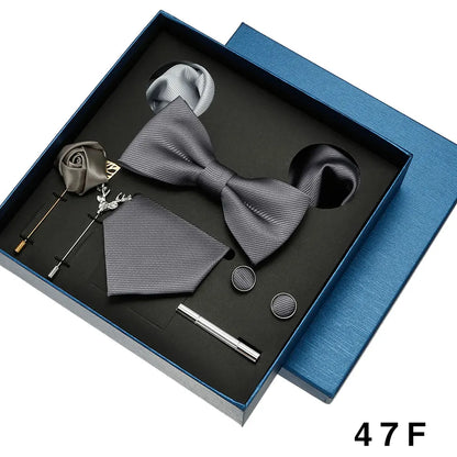 Men Tie Silk Necktie Man Bowtie Hanky Brooches Cufflinks And Tie Clip For Men Accessories Red Burgundy Wedding Tie Gifts Set