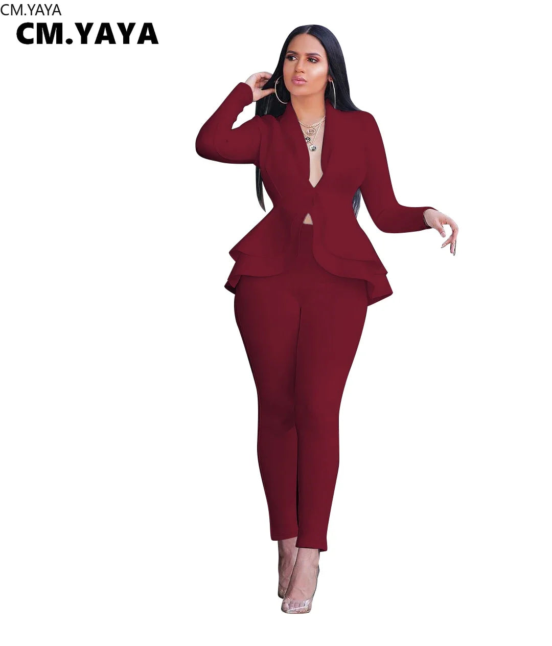 Women Winter Women's Set Full Sleeve Ruffles Blazer & Pencil Pants Suit (2pc Set)