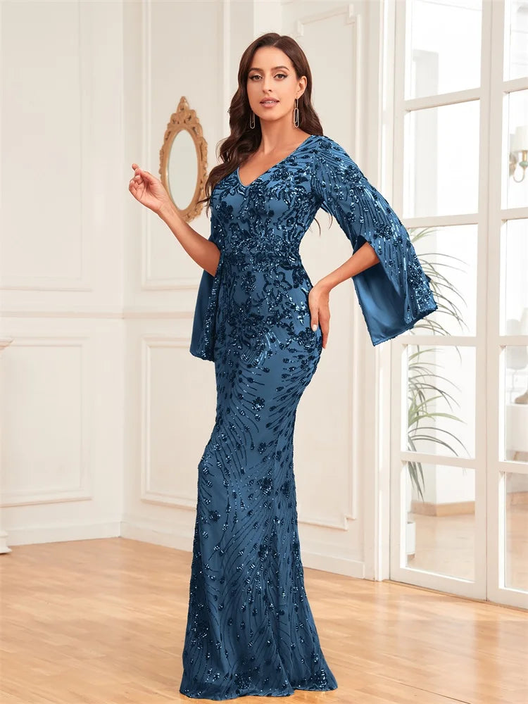 Lucyinlove Luxury Champagne Evening Dresses For Women 2025 Long Sleeve Mermaid Formal Sequins V-neck Prom Wedding Party Gowns
