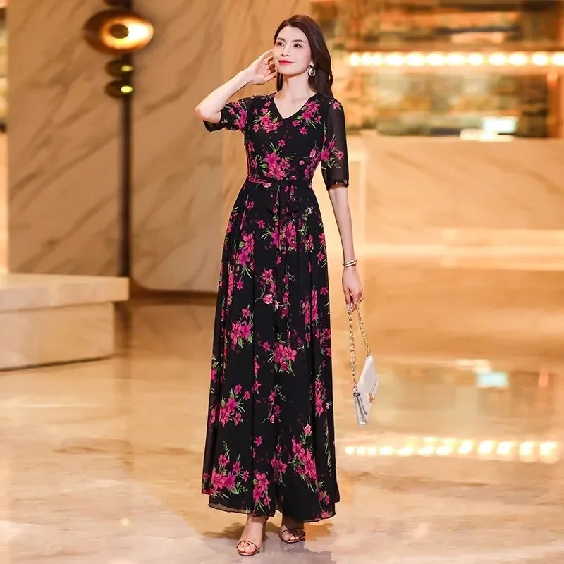 Womens Dresses Fashion Summer Dresses 2024 Summer Senior red Print Dress Long Loose Temperament Waist Loose Big Swing Dress