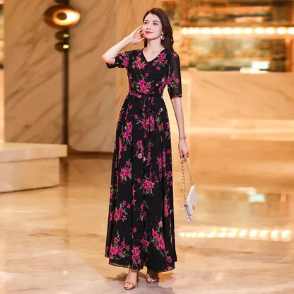 Womens Dresses Fashion Summer Dresses 2024 Summer Senior red Print Dress Long Loose Temperament Waist Loose Big Swing Dress
