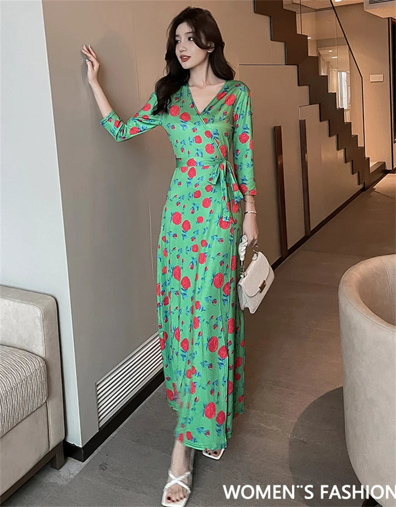 FANIECES Summer Wrap Dresses Women Sexy V Neck Split Maxi Dress Print Female Casual Beachwear Lace Up Party Vestidos Robe платье