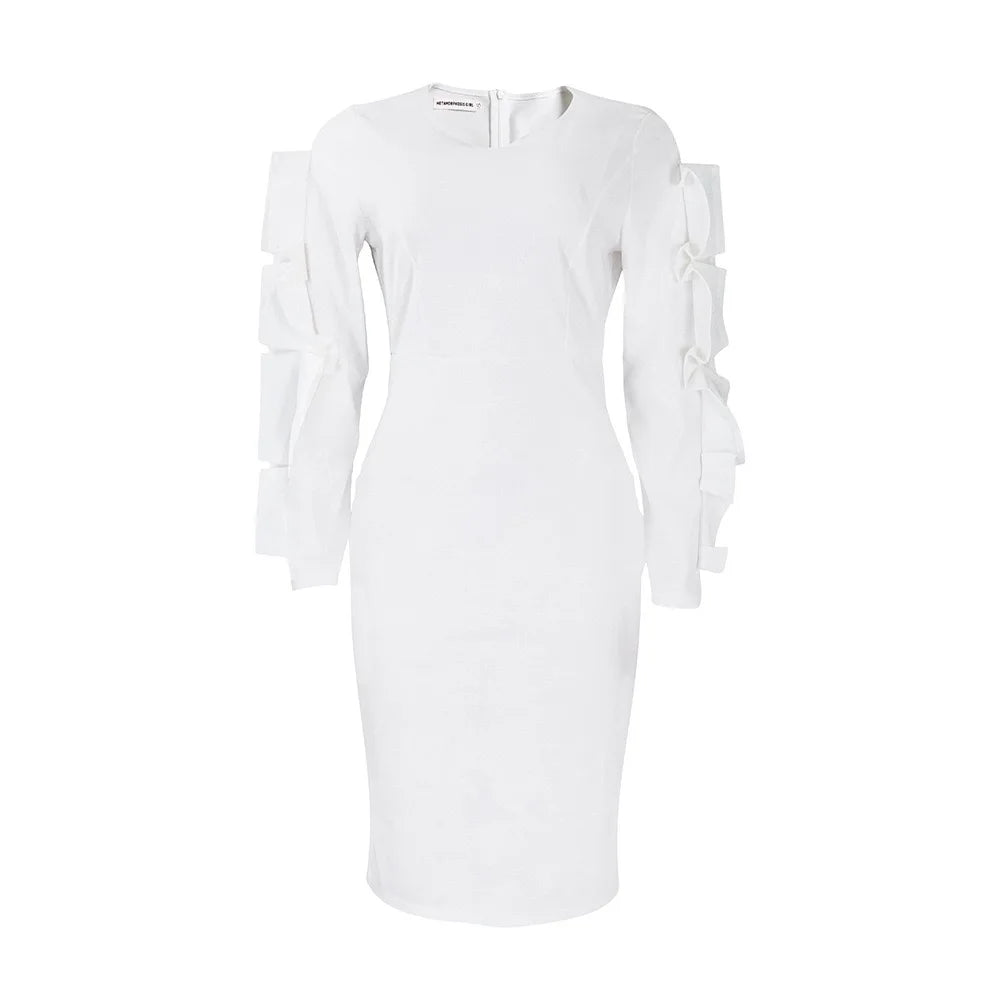 Elegant Office Dresses for Woman 2024 New O Neck Petal Sleeve Sheath Package Hips Mid Calf Formal Business Work Wear Dress Midi