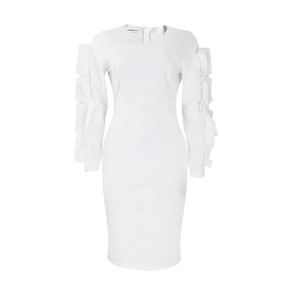 Elegant Office Dresses for Woman 2024 New O Neck Petal Sleeve Sheath Package Hips Mid Calf Formal Business Work Wear Dress Midi