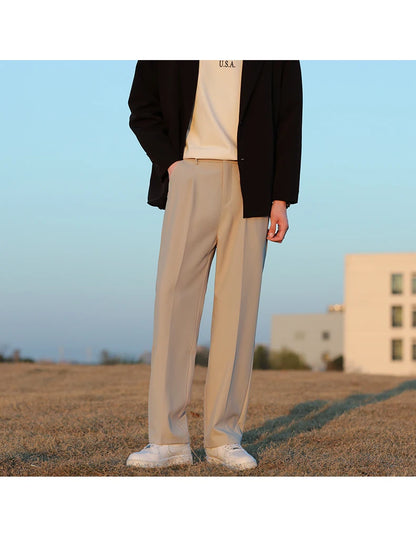 Spring Summer Men Suit Pants Wide Leg Long Drape Trousers Fashion Streetwear Clothing Solid Stretch Waist Oversize Pants Black