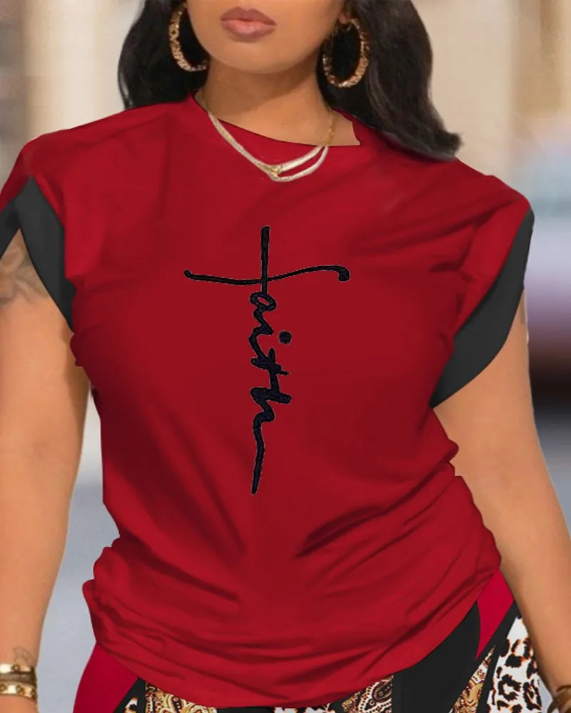 Two Piece Short Sets Print Letter Round  Neck T Shirts High Waist Pants Splice Tops Pullover Summer Ladies Beach Style