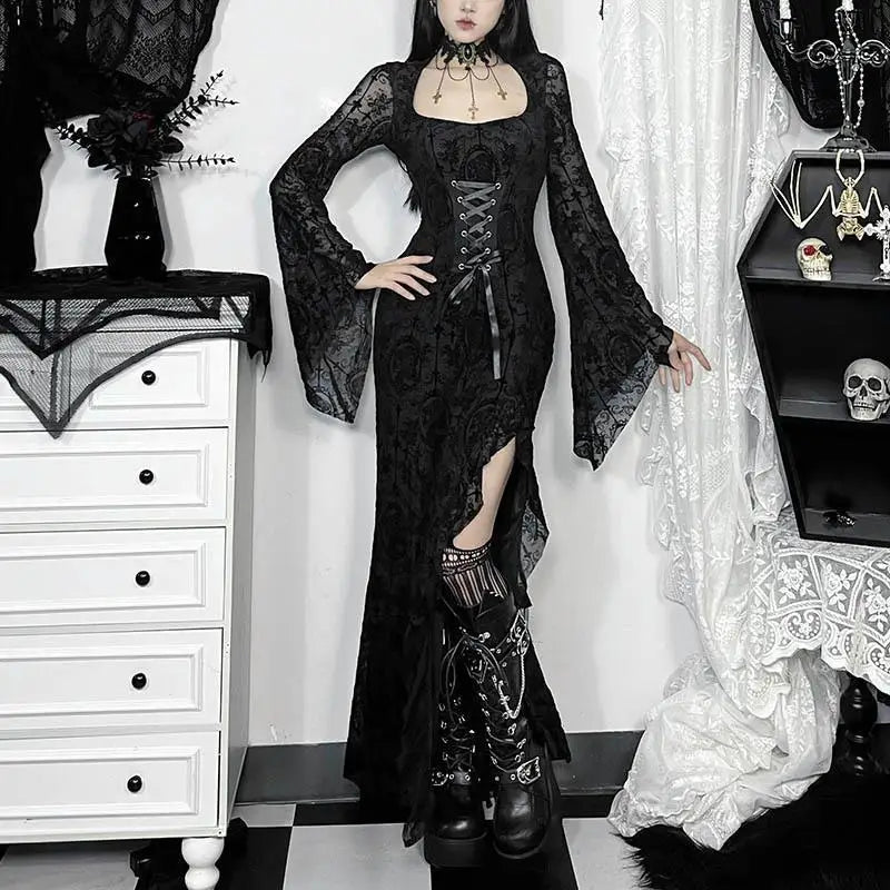 Y2K Goth Floral Lace Mesh Flared Sleeve Bodycon Party Dresses Sexy Vintage Elegant Black Velvet V-Neck Long Dress Partywear